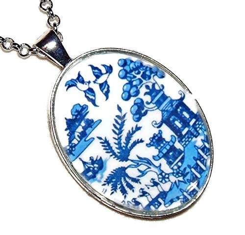 BLUE WILLOW PLATE NECKLACE Silver Plated Glass Pendant