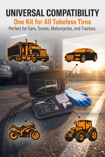 Image of Tire Repair Rubber Nail Kit with Ratcheting Screwdriver, Needle-Nose Pliers & Organizer Case, Fast Self-Service Tool for Car, Truck, Motorcycle, Tractor Tire Puncture Repair