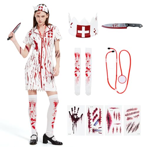 HERMORRYSS Zombie Krankenschwester Kostüm, Krankenschwester Halloween, Halloween Kostüm Damen mit Stethoskop und Kopfbedeckung, Blutige...
