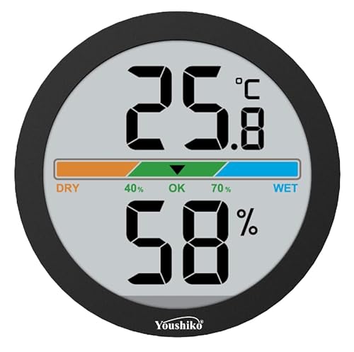 Youshiko Digital Thermo-Hygrometer, Indoor Weather Thermometer Hygrometer Gauge, Monitor Temperature and Humidity Meter for Home Office, Min/Max Records (Black)