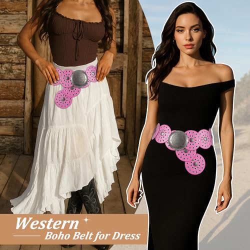Image of WERFORU Women Wide Western Disc Belt Cowgirl Boho Leather Belt for Jeans Dress