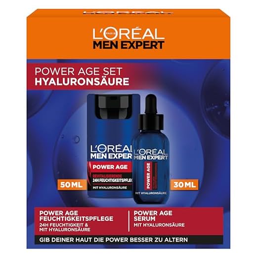 L'Oréal Men Expert Pflegeset gegen Falten für Männer, Geschenkset mit Anti-Aging Gesichtscreme und Serum für müde und matte Haut, Geschenk für Herren mit Hyaluronsäure, Power Age, 1 x 50 ml, 1 x 30 ml