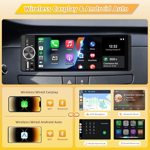 Autoradio mit Bildschirm, Single-DIN, Kabelloses CarPlay und Android Auto, 6,28-Zoll-Touchscreen mit Bluetooth, WLAN, MirrorLink, FM-Radio, Lenkradsteuerung, Equalizer, USB-C-Anschluss, Rückfahrkamera