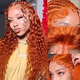 Aveiyce Orange Ginger Deep Wave Lace Front Wigs Human Hair Colored 13x4 HD Transparent Lace Frontal Wig for Black Women 180% Density Glueless Curly Wigs Pre Plucked with Baby Hair 24 Inch