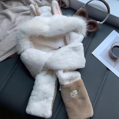 Hooded Scarf for Women Winter Warm Faux Fur Scarf Hat Gloves Combo with Cute Fox Ear4