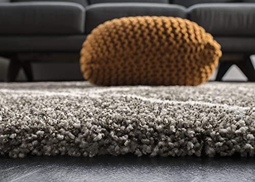 Image of Trellis Design Microfiber Hand Woven Shaggy Carpet Collection with 2 inch Pile Height Carpet for Living Room Size 4x4 feet Square coular Lgrey /Ivory
