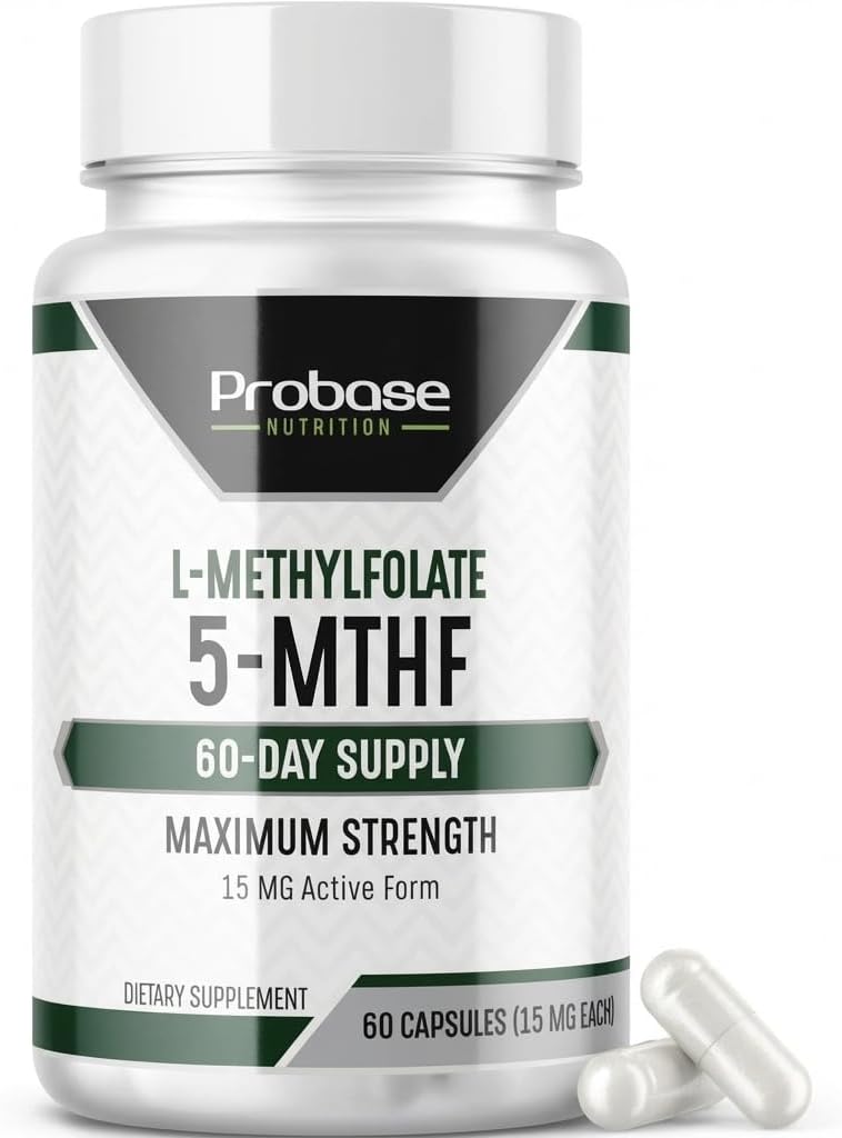 Probase Nutrition Professional Strength L-Methyl Folate 15mg - Active 5-MTHF Form - Supports Mood, Methylation, Cognition - Bioavailable Vitamin B9 (60 Capsules) - Vegan, Non-GMO, Gluten-Free