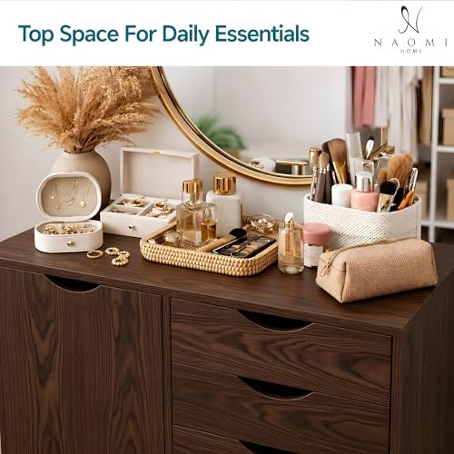 Image of Naomi Home Rolling Storage Cabinet with 5 Drawers & Side Cabinet, Engineered Wood Organizer with Shelves, Handle-Free Design & Swivel Casters for Home Office, Kids Room & Entryway - Brown Oak