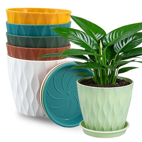 TEYIAN 10cm/4-in Plant Pots Indoor 6 Pack Plastic Flower Pots with Drainage Holes and Saucers Modern Decorative Planters Succulent Indoor Outdoor Plants(6 Colours)