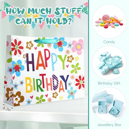 Image of JMANNI Large Happy Birthday Gift Bag with Tissue Papers and Greeting Card, Portable Paper Gift Bags with Handles, Present Bags for Women Girls Birthday Party 13 inch x 10.2 inch x 4.7 inch(Colorful Flowers)