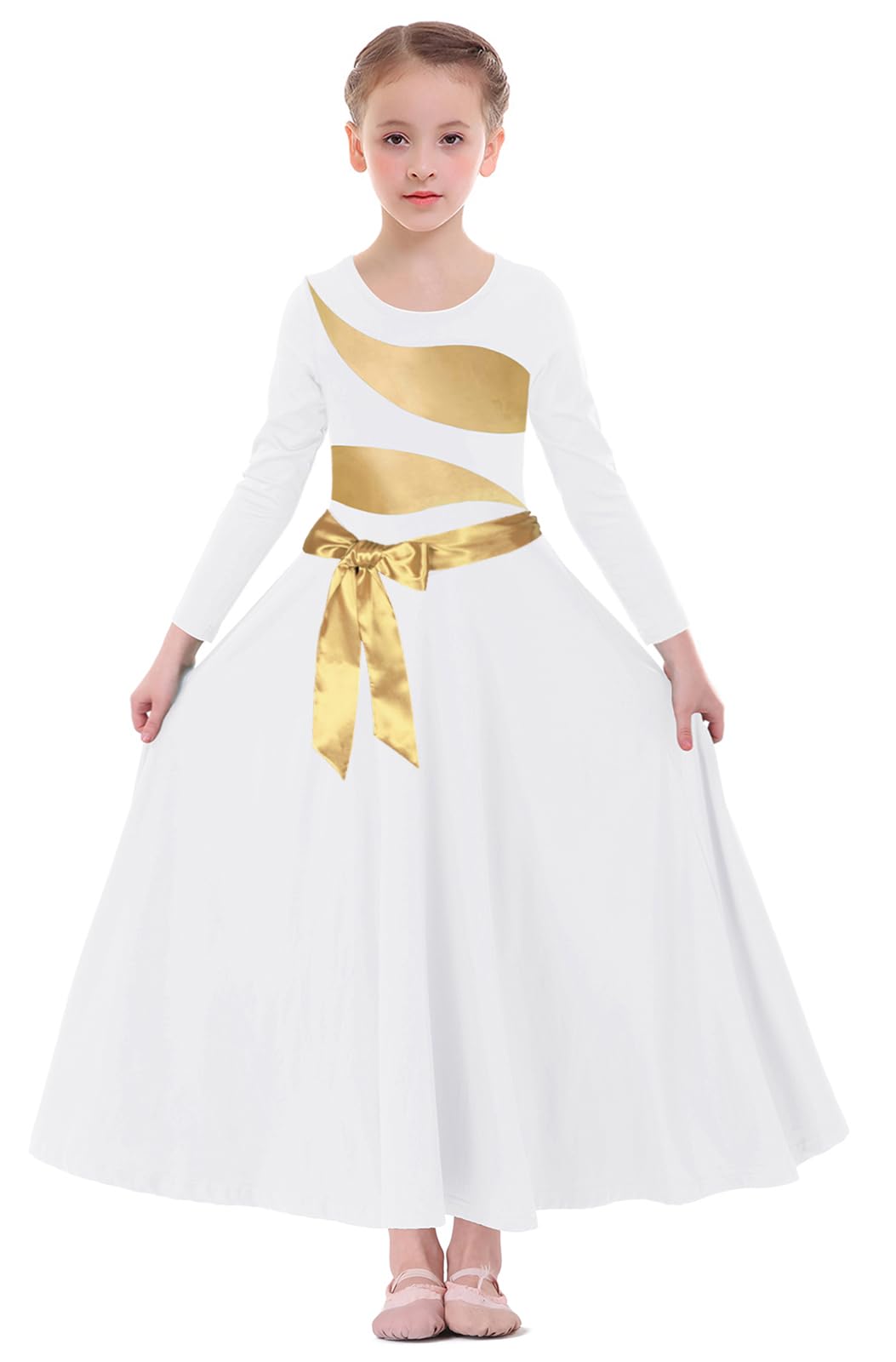 yrsZX Girl's Praise Dance Dress Leaf Gold Metallic Long Sleeve Liturgical Worship Lyrical Dance Costume Church Robe