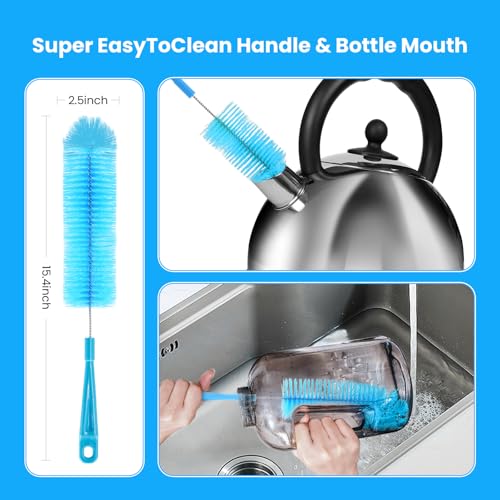Image of 5 Pack Bottle Brush, Straw Cleaner Brush & Water Bottle Brush,15 in Stainless Steel Brush, Narrow Bottle Brush, 3 Straw Brushes, for Water Bottle, Coffee Mugs, Flasks, Glasses, Tumblers, Blue