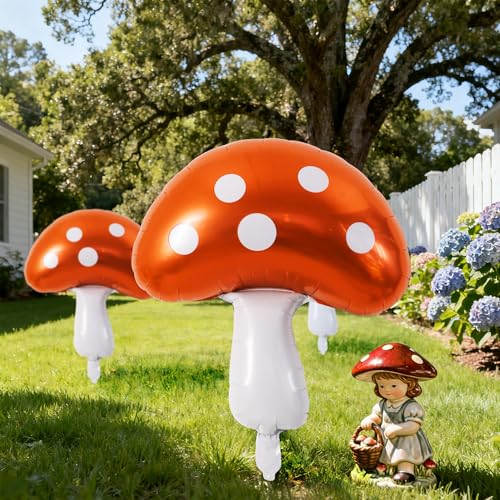 Image of Vuzvuv 30 Inches Brown Foil Mushroom Balloons, Video Game Mushrooms Party Decoration for Birthday, Theme Parties, Spring Holiday Picnic, Forest Plant Theme Decor（6Pcs）