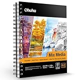 Ohuhu スケッチブック 水彩画用紙 200gsm 254mm×193mm 62枚 超厚口 ミックスメディアスケッチブック 中目 リングタイプ ミシン目付き マーカーペン/パステル/画用木炭/アクリル絵の具/水彩