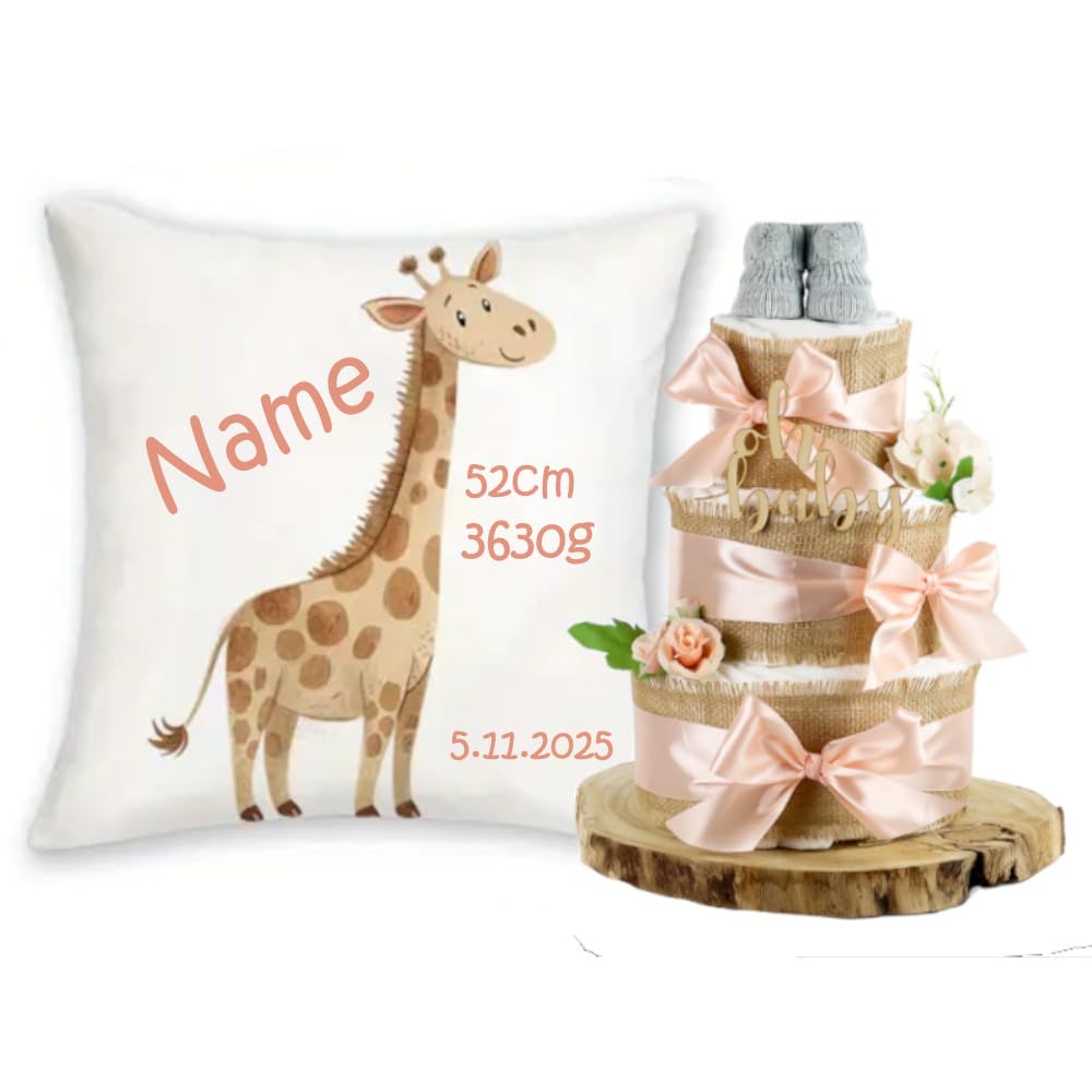 Personalisiertes Baby Geschenkset mit Name und Geburtsdaten Safari Tiere + Windeltorte Alles Jute 3-stöckig | Geschenk zur Geburt Mädchen und Jungen (apricot, Giraffe)