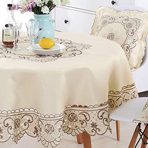 LeLehome 68" Round Brown Flower Embroidered Tablecloth Beige Polyester Vintage Large Dining Cover Home Decor Table Cloth