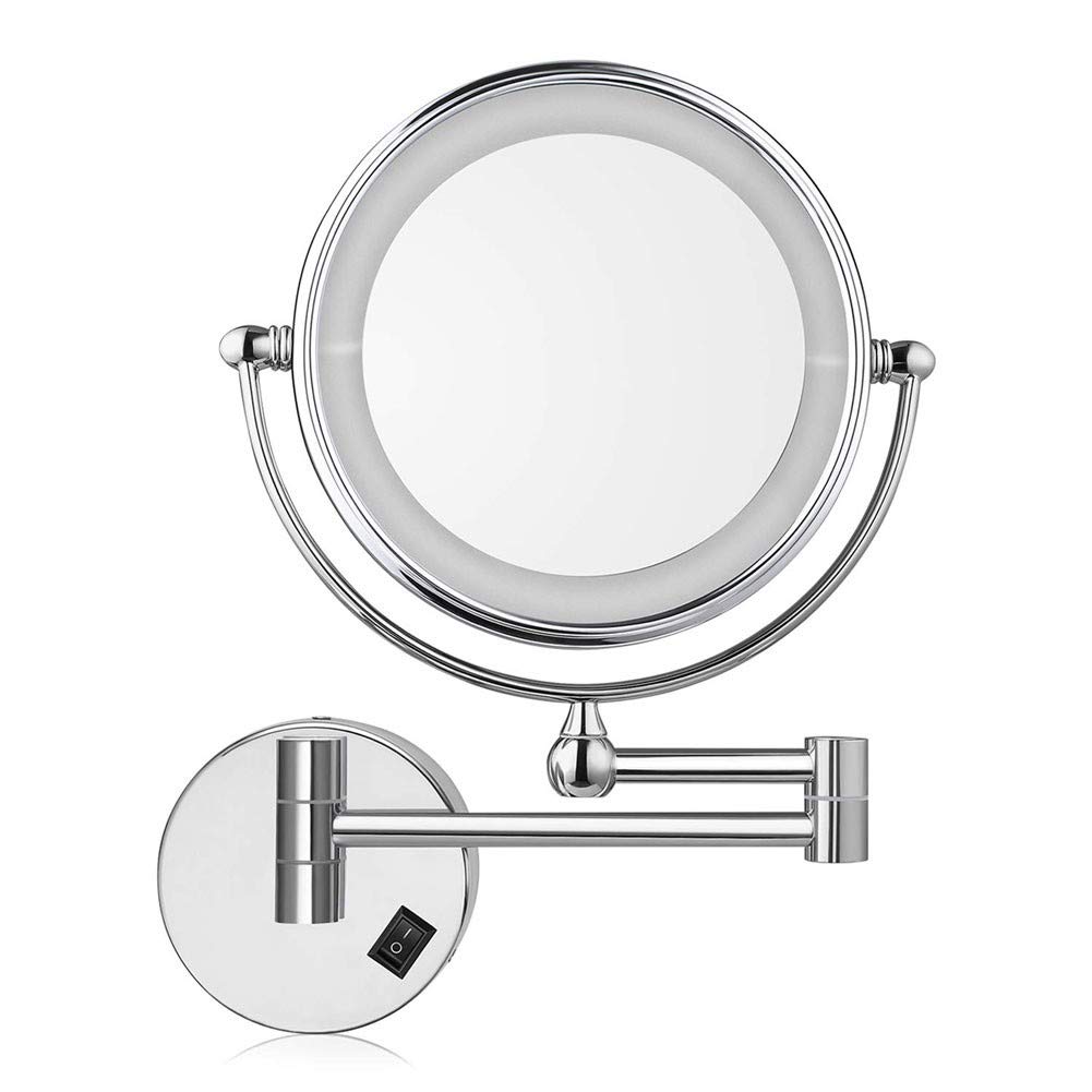 SaryEdge 8'' Bathroom Mirror Shaving Mirrors Wall Mounted, LED Illuminated Make Up Mirror 10X Magnifying, for Hotel Vanity Two Swivel Surface with Chrome Finished,
