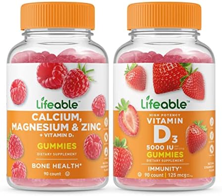 Lifeable Calcium, Magnesium, Zinc & Vitamin D + Vitamin D 5000 IU, Gummies Bundle - Great Tasting, Vitamin Supplement, Gluten Free, GMO Free, Chewable
