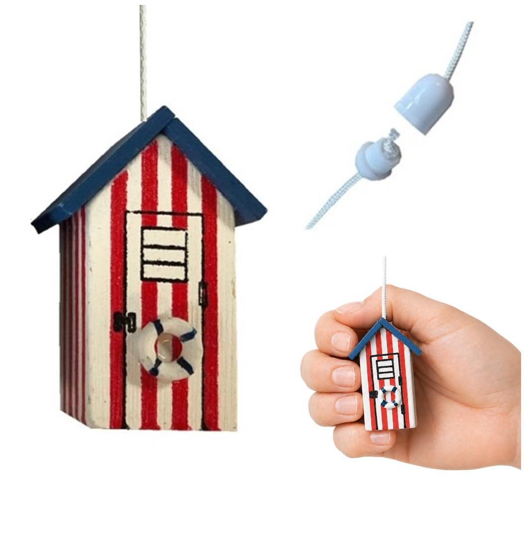 Lowgy Red & White Wooden Beach Hut Light Pull With Choice Of Cord Colour & Connector - Nautical Bathroom Pull Cord/Hanging Decoration (Red & White)