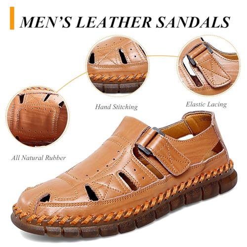 Moodeng Hiking Sandals for Men Outdoor Leather Loafers Non-Slip Sport Sandals Closed Toe Slip on Shoes Comfortable Boat Shoes Dark Brown Size 113
