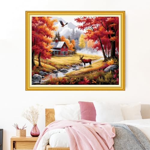 Image of Funxvoot Stamped Cross Stitch Kits Beginners Full Range of Embroidery Kits for Adults 11CT Embroidery Patterns Needlepoint Kits Printed Cross Stitch Kits-Deep Autumn Scenery 16x20 inch