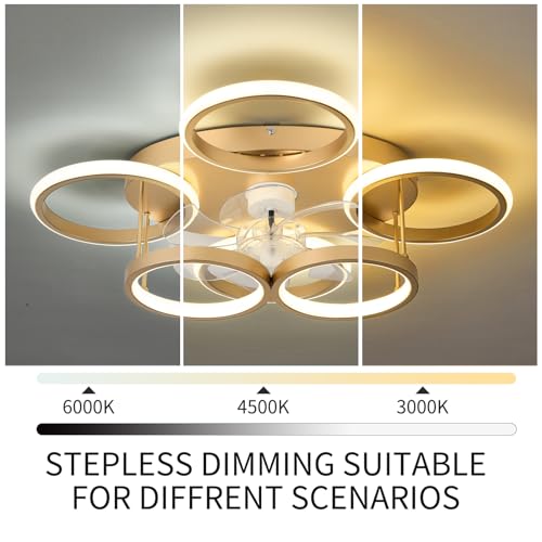 Anyeark Low Profile Ceiling Fan with Light Modern, Bedroom Ceiling Smart Fan with LED, Fandelier Ceiling Fan Flush Mount 25.6-inch, 3000K-6500K Stepless Color Change, Assembly Required (Gold) - image 3