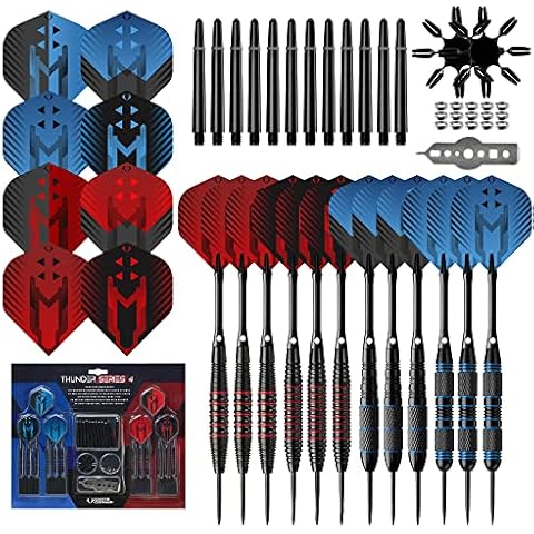 Darts Corner X1071 Thunder | 80 Piece Steel Tip Dart Set with 21g/22g/23g/24g Barrels, Flights, Dart Tool and Aluminium Shafts, Series 4, Black/Red/Blue Cover