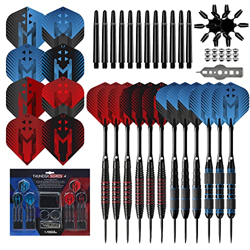 Darts Corner X1071 Thunder | Lot de 80 fléchettes à pointe en acier avec fûts de 21 g/22 g/23 g/24 g, ailettes, outil de fléchettes et tiges en aluminium, série 4, noir/rouge/bleu Cover