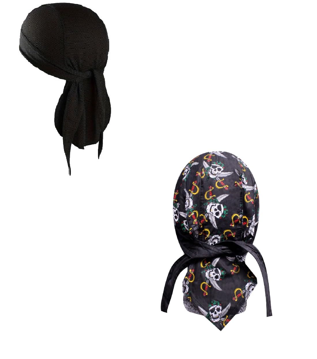 Headwrap Durag Doo Rag Skull Cap Lot or Set of 2 Jolly Roger Pirate Skull with Sweatband Cotton