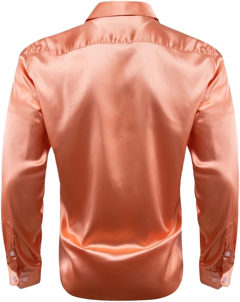 Slim Fit Male Blouses Tops Mens Shirts Silk Mercerized Satin Coral Long Sleeve Casual Business