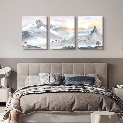 DZRWUBHS Canvas Wall Art For Living Room Wall Decor For Bedroom Bathroom Office Decor Mountain Abstract Paintings Landscape Prints Artwork Modern Framed Home Decorations Ready to Hang 12x16 3 Piece