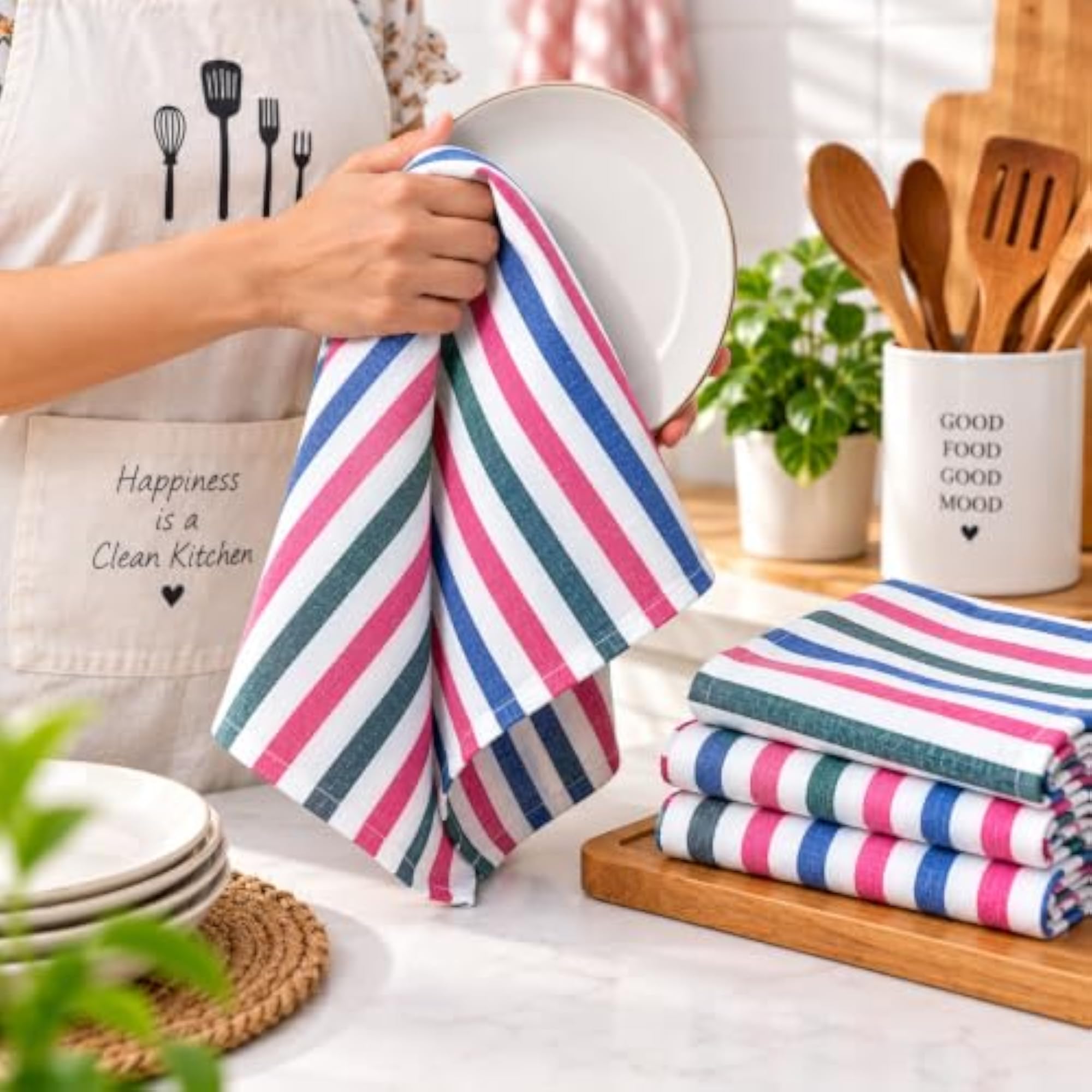 Multicolor Striped Cotton Towel Set, Soft Absorbent Hand Towels