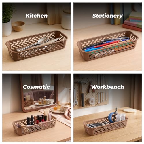 Image of RATAN PLASTICWARE Diana Tray Rectangular-Narrow (Pack of 6) Plastic Storage for Desk Basket /Organizers for Stationery, Jewellery, Tools,Kitchen, Office-Lt Brown