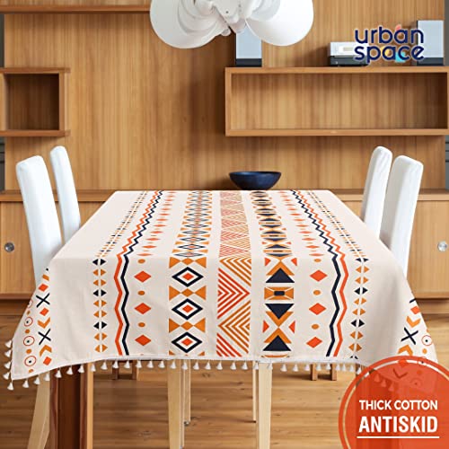 Image of Urban Space 100% Cotton Dining Table Cover 6 Seater, Printed Cotton Table Cloth for Center Table, Table Cover with Tassels for Home Decor (Boho Orange, 6 Seater - 48 inch x 92 inch)