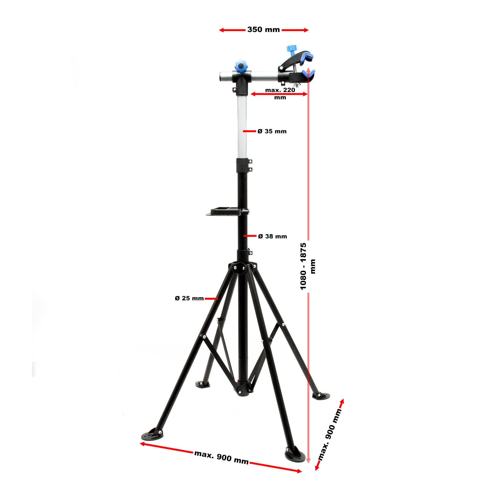 WilTec Pied d’Atelier pour vélos et VAE – 900 x 900 x 1080 mm – Hauteur réglable 108-187 cm – capacité Max. 30 kg – pivotant 360° – Support de Montage réparation Bicyclette