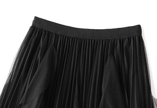 Women's A-Line Fairy Elastic High Waist Mesh Tutu Tulle Midi Skirt (Black) #TOP1
