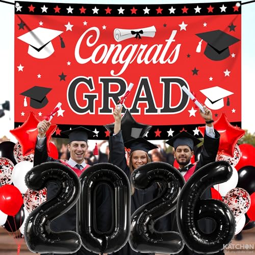 Image of KatchOn, Red and Black Graduation Decorations 2026 Set - Pack of 40 | Black 2026 Balloons, Congrats Grad Banner | Graduation Decorations Class of 2026 Red and Black | 2026 Graduation Party Decorations