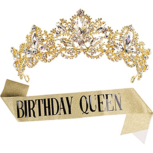 Birthday Crowns for Women, Aprince Birthday Tiaras for Women Crowns and Tiaras for Women Girls Birthday Crown and Birthday Queen Sash Gold Crown Queen tiara for Wedding Prom Party Halloween