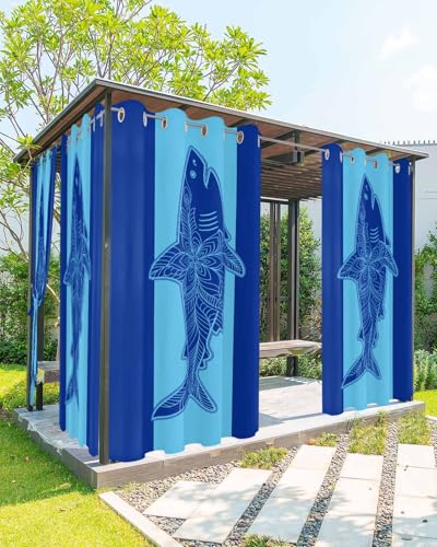 Waterproof Outdoor Curtains for Patio Porch, Modern Abstract Blue Shark Stripe Grommet Curtain Panel Windproof Outside Curtains Tieback, Summer Coastal Style Weighted Window Treatment Drapes