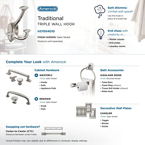 Image of Amerock Vicinity Triple Prong Satin Nickel Wall-Mounted Hook | Decorative wall hook in durable zinc construction for coats, hats, bags, towels, and everyday organization