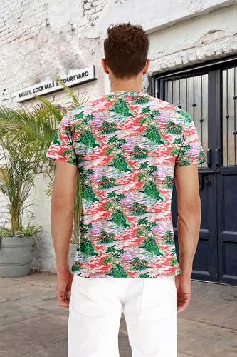 image for PEGENO Mens Short Slim Sleeve Casual Fashion Henley Shirt (Red Palm Tr