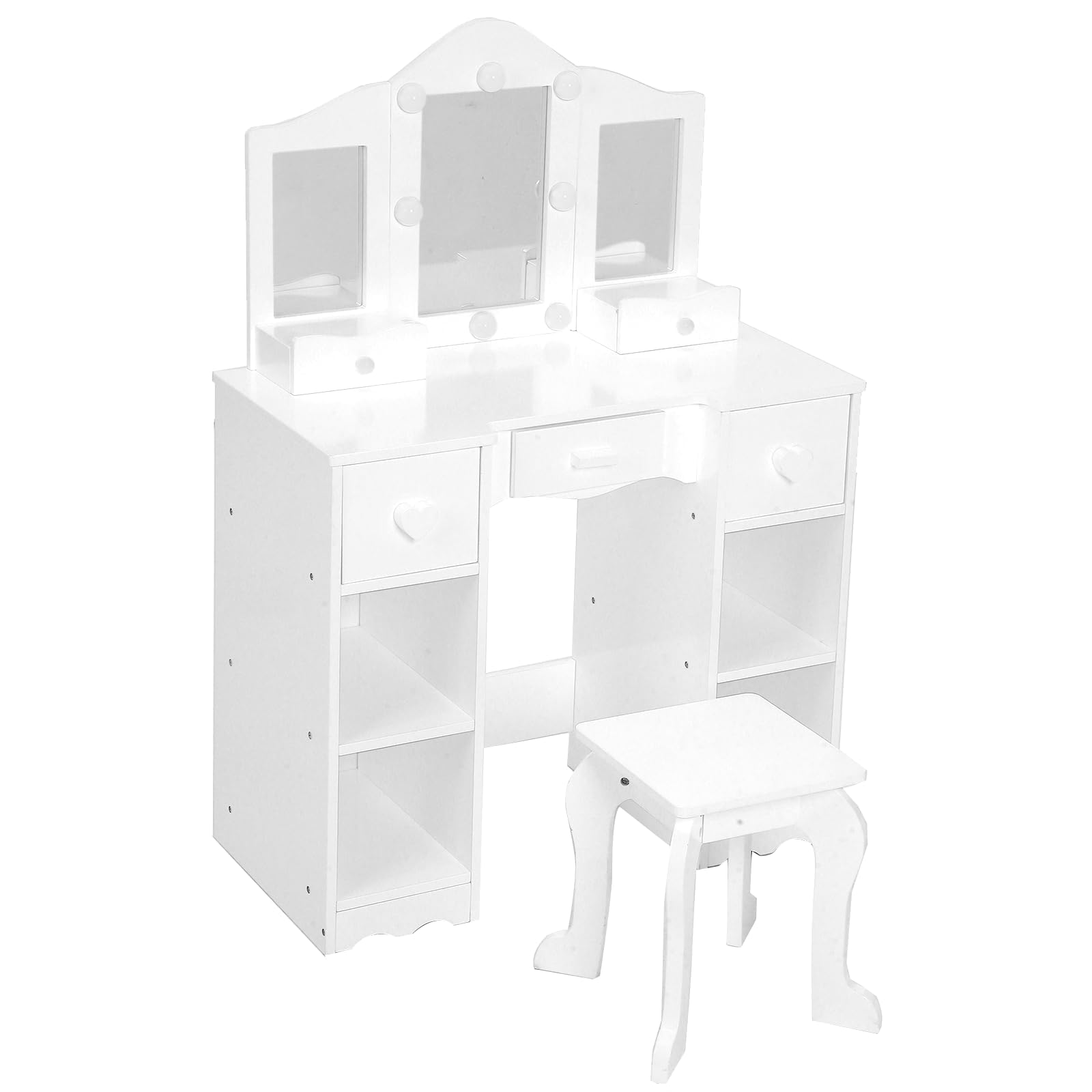 GarveeHome Tocador Infantil de Madera con Espejo LED y Taburete – Mesa de Maquillaje Blanca escandinava para niñas, 5 cajones y 4 Compartimentos Abiertos, Dormitorio o Zona de Juegos – Color Blanco
