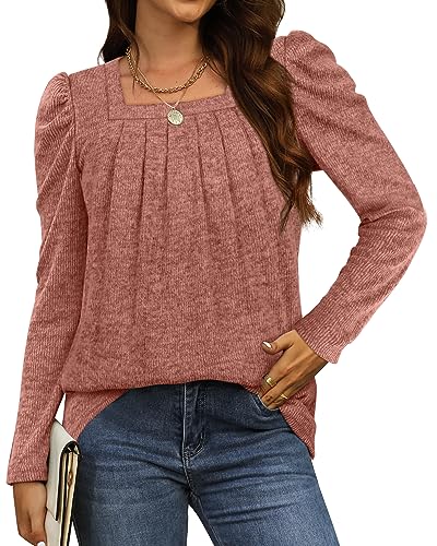 WEESO Womens Sweaters Lightweight Puff Sleeve Pleated Square Neck Tunic Shirts Loose Fit
