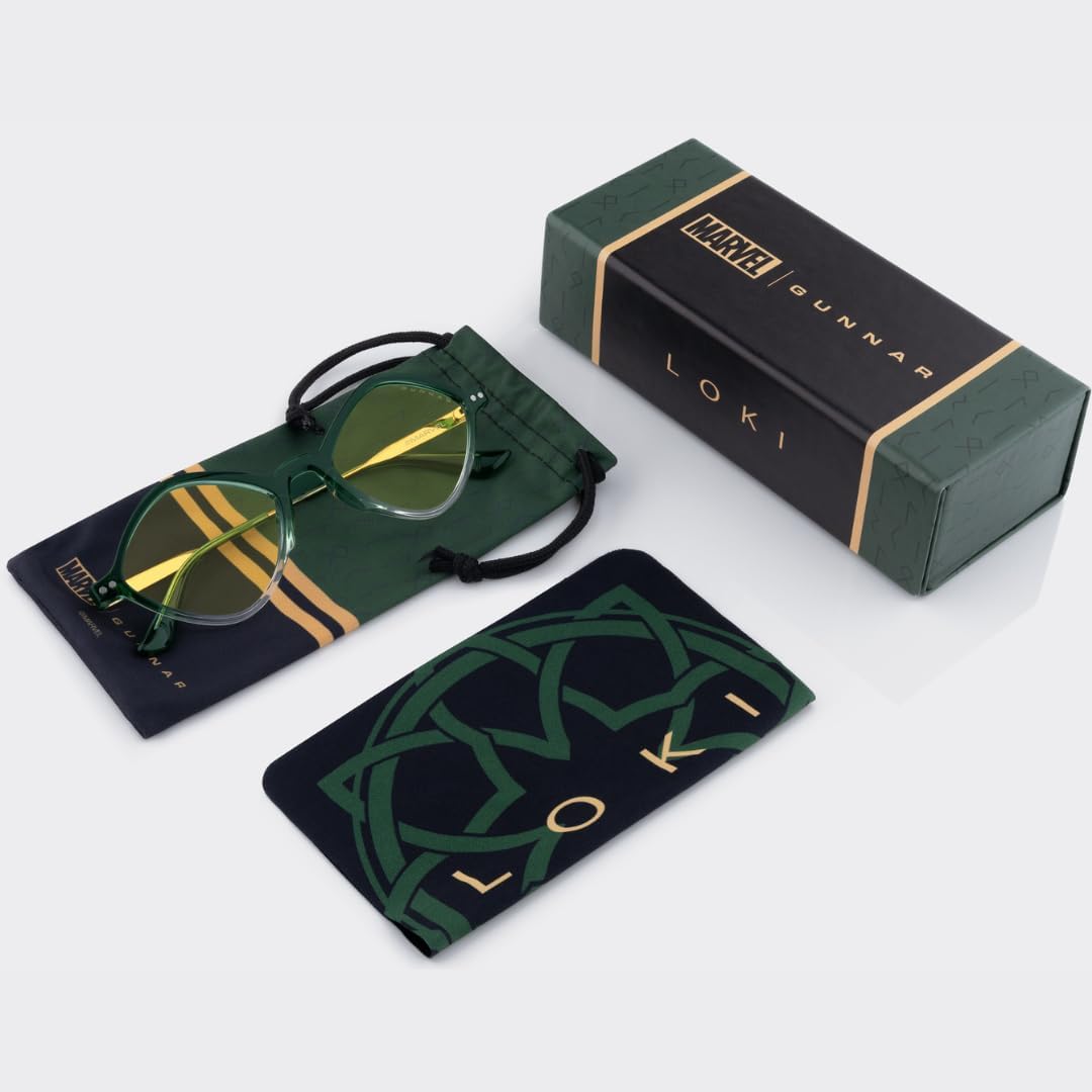 GUNNAR Gaming Glasses - MarvelLoki Asgard Edition Emerald Gold Amber Lens - Blue Light Blocking Relieve Dry Eye