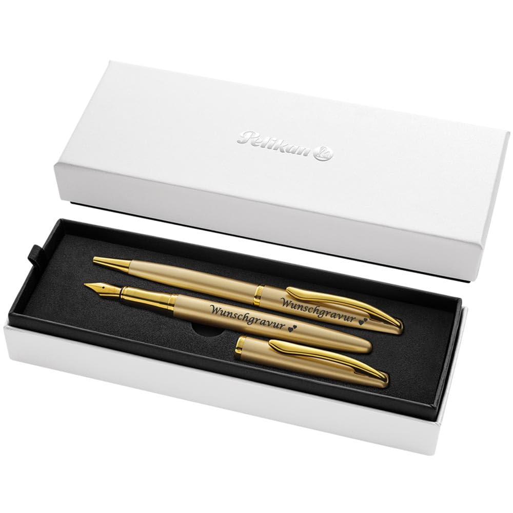 Pelikan Füller & Kugelschreiber Jazz® Noble Elegance im Set mit Wunschgravur | inkl. Geschenkeuti | Emoji Gravur | Gold Gelb Schreibset mit Gravur PS203
