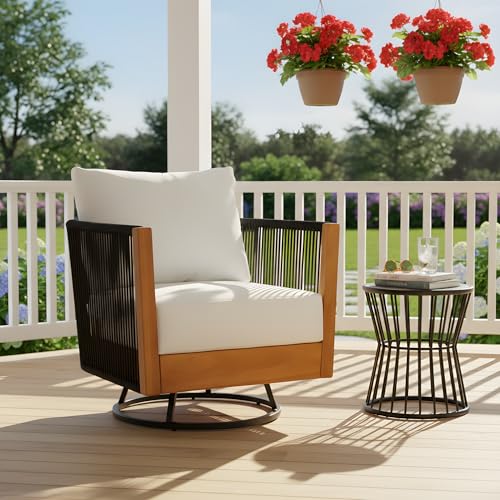 Christopher Knight Home Gunar Outdoor Metal & Acacia Wood Frame Swivel Accent Chair with Cushion, 360° Rotating Lounge Chair Outdoor with Rope Accent, Outdoor Swivel Chair, Black + Light Beige by Christopher Knight Home - Image 3