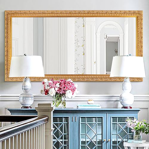 Image of 60.2 inchx30.7 inch Large Vintage Gold Mirror Decor for Entryway, Statement Full Length Wall Mirror for Living Room /Bathroom /Bedroom Main Wall, Quality Solid Wood Frame with Foil Embossed Pattern