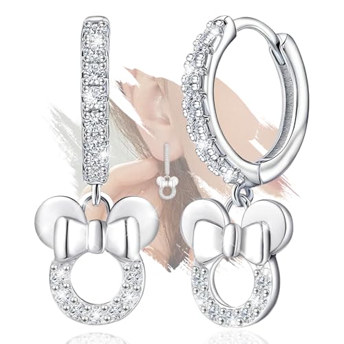 Sterling Silver Bow Mouse Earrings - Sparkle Pink White Cubic Zirconia Cute Earrings Hypoallergenic Lovely Jewelry Gifts for Teens Daughter Granddaughter Niece