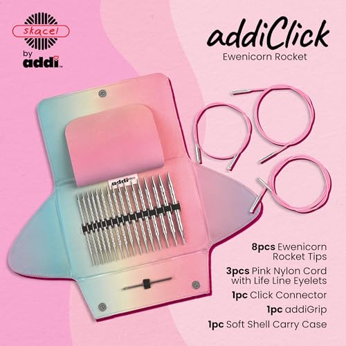 Image of skacel by addi addiClick Interchangeable Knitting Needles Set, Circular Needle Kit with Ewenicorn Rocket Plated Brass Tips and Nylon Cords