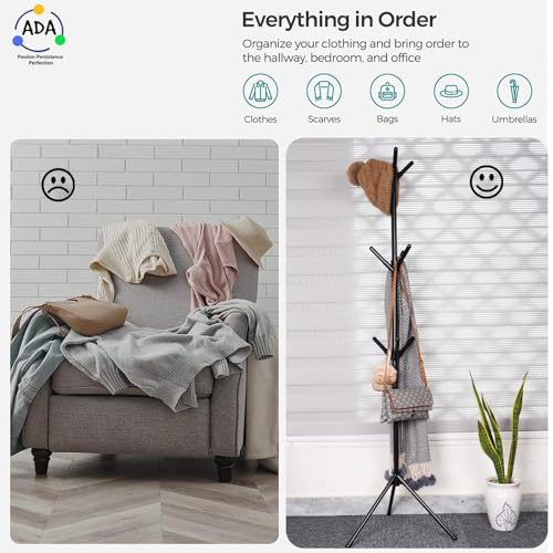 Image of ADA Metal Premium Freestanding Coat Rack with 9 Hooks|Coat Hanger Stand|Coat Tree Clothes Stand for Hats, Bags, Jacket, Umbrella for Entryway, Hallway, Bedroom, Office - Black, 460 x 460 x 1700 mm